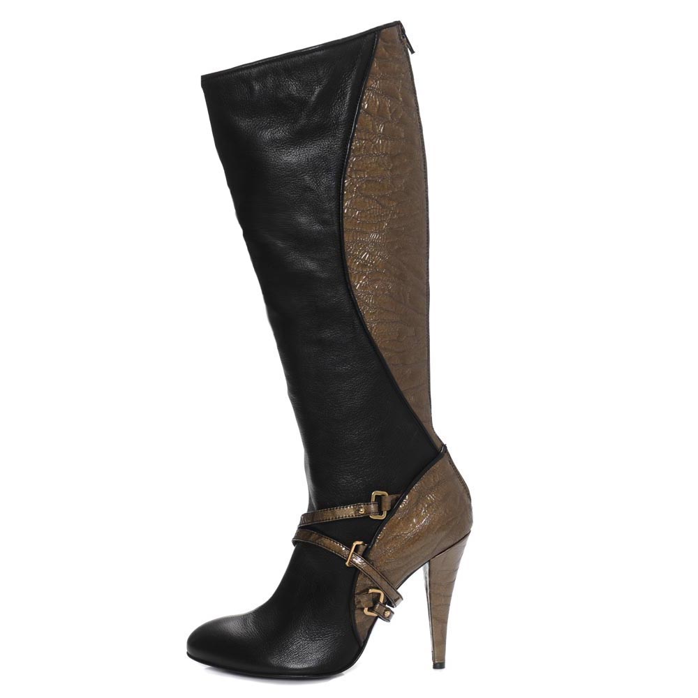 Lania Black Olive. Nappa and Croc leather contrasting knee high boot. Incredibly subtle, incredibly chic, incredibly designer.